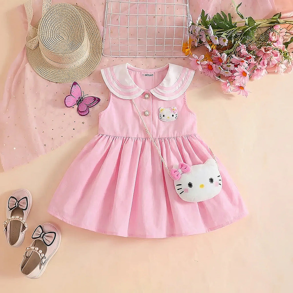 Girls Pink Kitty Applique Sleeveless Balloon Dress With Sling Bag Casual Dresses Pink 1-2 Y
