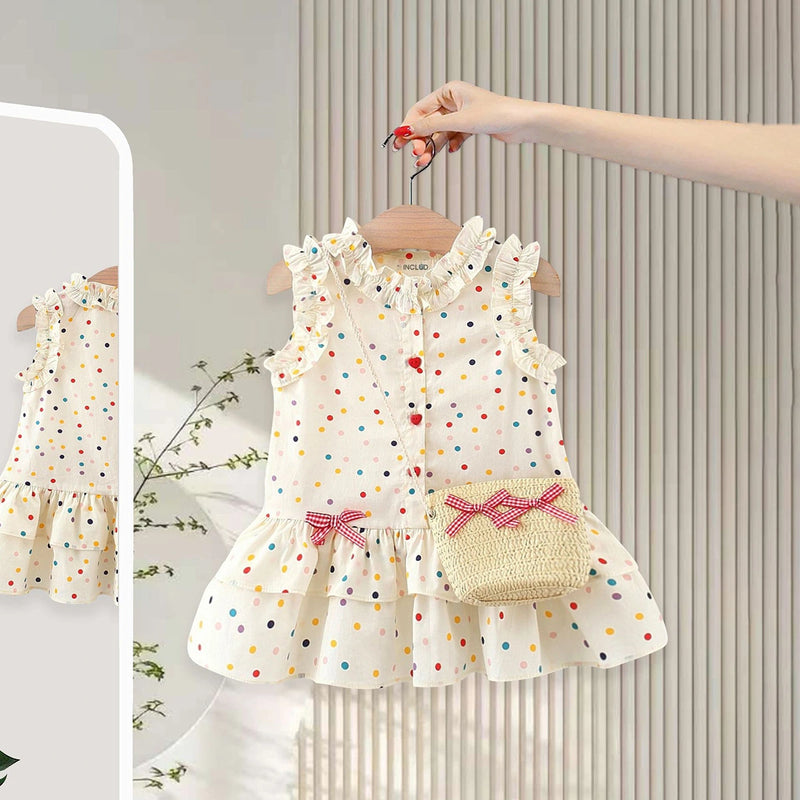Girls Beige Polka Dot Print Ruffle Drop-Waist Dress Casual Dresses Beige 1-2 Y