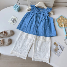 Girls Blue Sleeveless Ruffle Top with White Lace Palazzo Pants Sets 2 pc. Sets Blue 1-2 Y