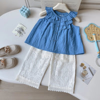 Girls Blue Sleeveless Ruffle Top with White Lace Palazzo Pants Sets 2 pc. Sets Blue 1-2 Y