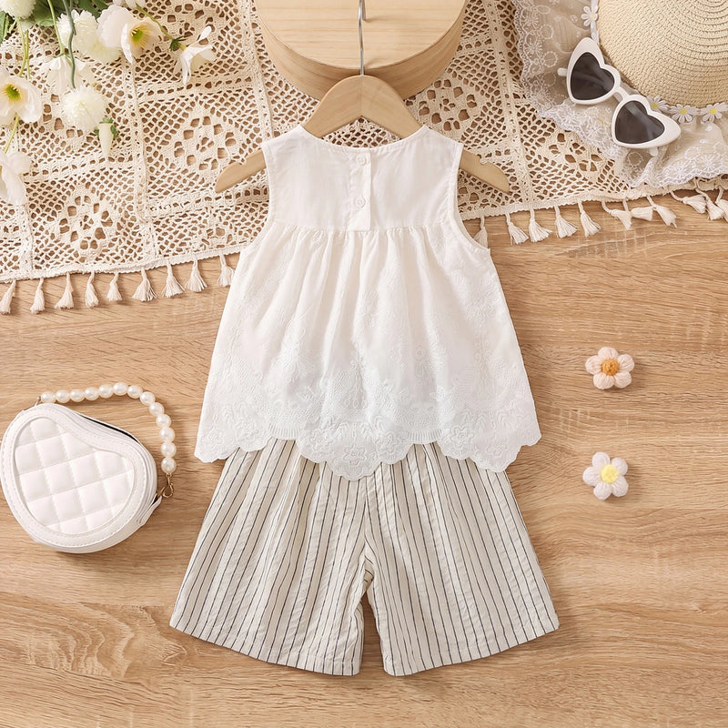 Girls White Sleeveless Scalloped Top With Striped Shorts Sets 2 pc. Sets