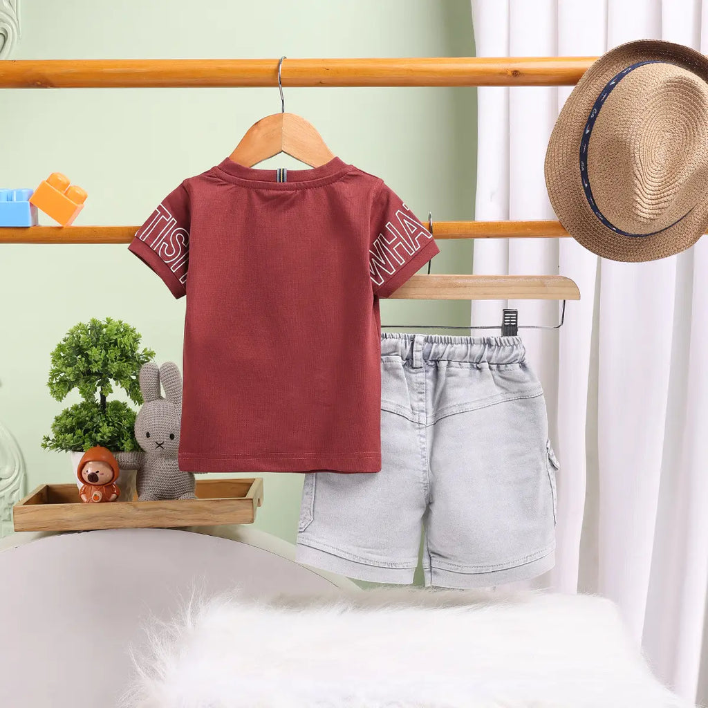 Boys Maroon Graphics Short Sleeves T-Shirt With Cargo Shorts Set Sets