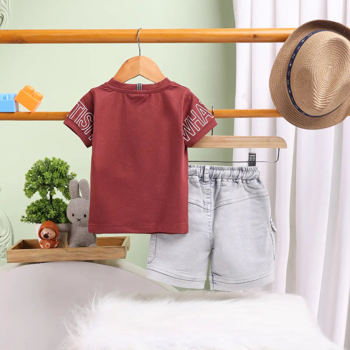 Boys Maroon Graphics Short Sleeves T-Shirt With Cargo Shorts Set Sets