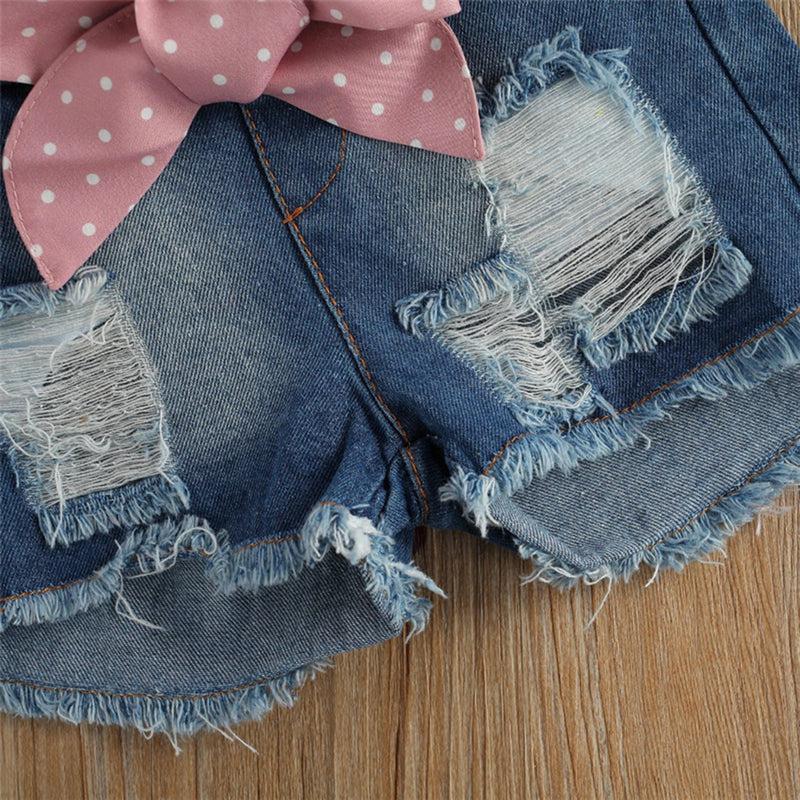 Girls White Ice-Cream Printed Short Sleeve Top With Distressed Denim Shorts Sets 2 pc. Sets