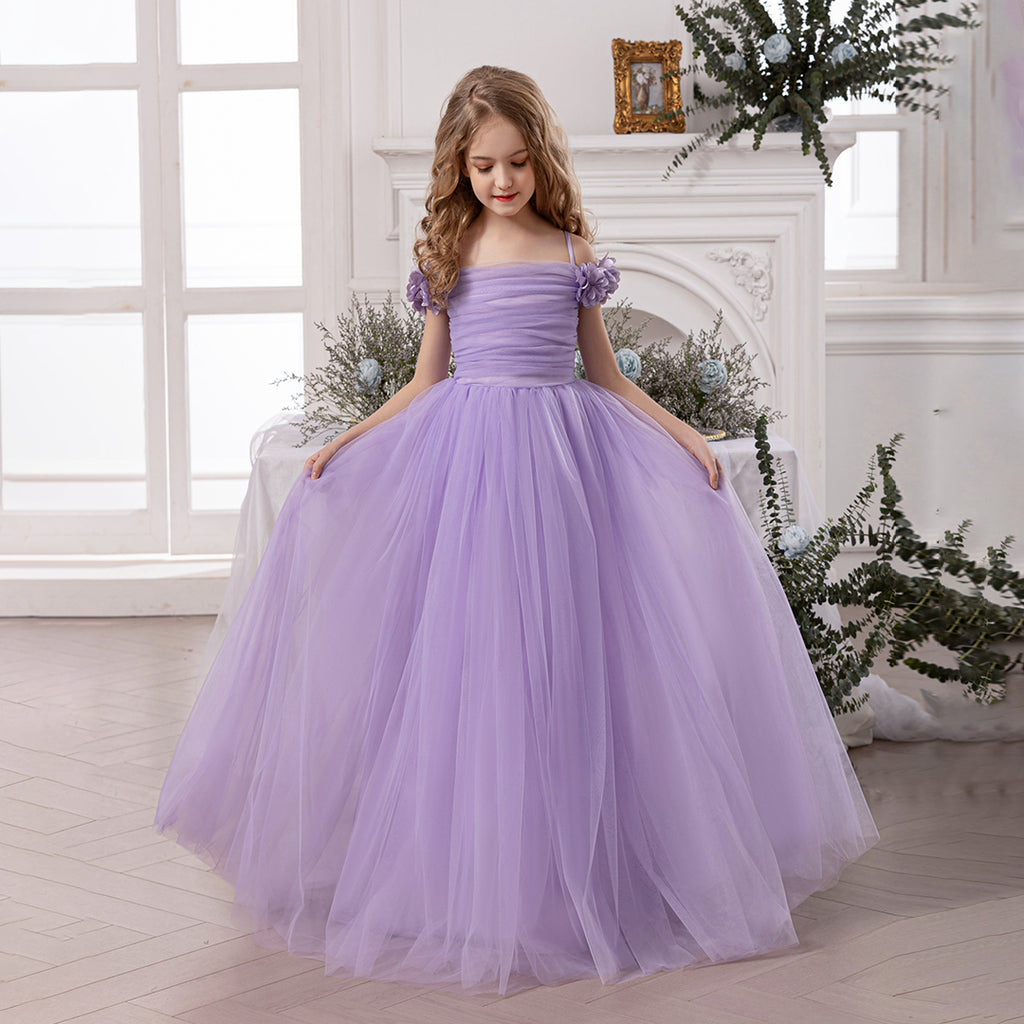 Girls Lavender Gathered Off-Shoulder Tulle Party Gown Party Dresses