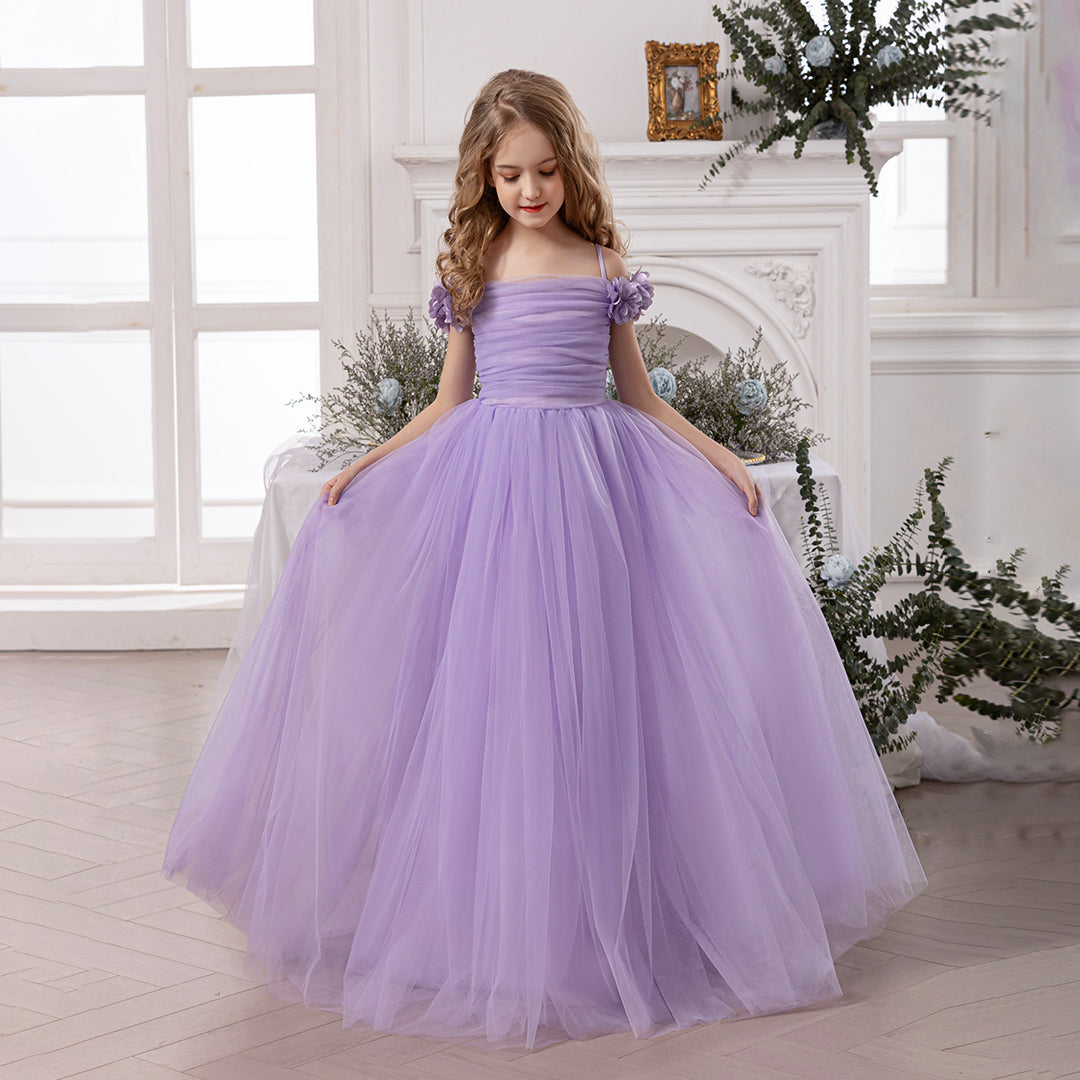 Girls Lavender Gathered Off-Shoulder Tulle Party Gown Party Dresses