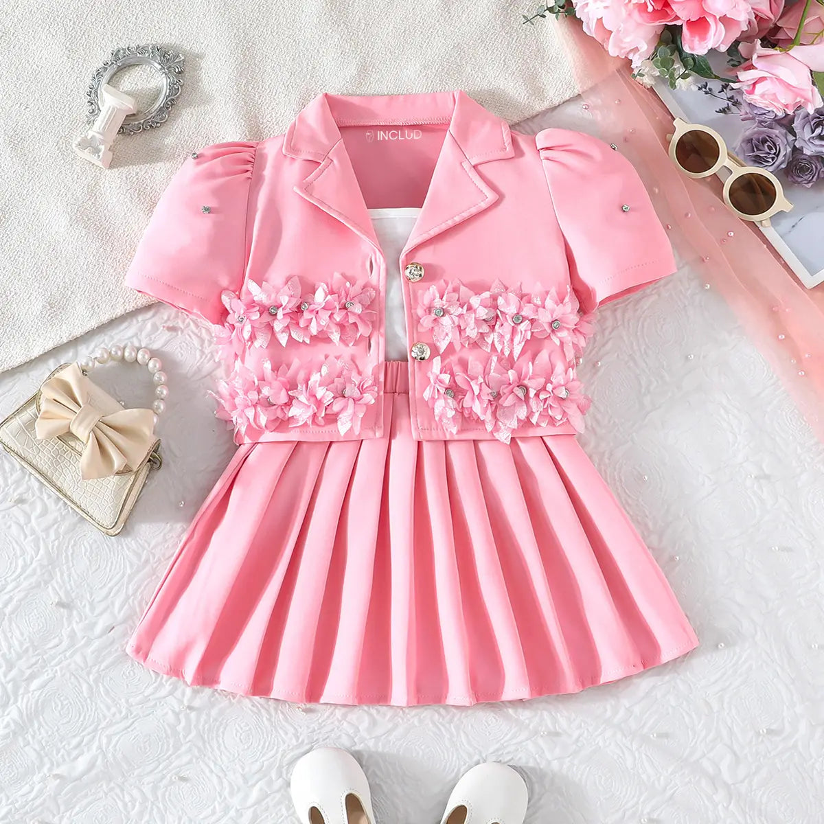 Girls Pink Floral Applique Top With Camisole Top And Pleated Skirt Sets 3 pc. Sets