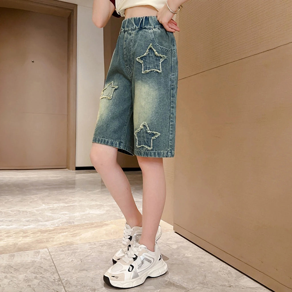 Girls Blue Star Distressed Baggy Fit Denim Shorts Shorts
