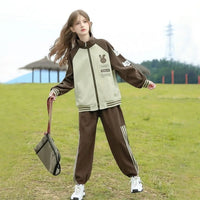 Girls Brown Bunny Face Printed Zipper Jacket With Jogger Set Sets