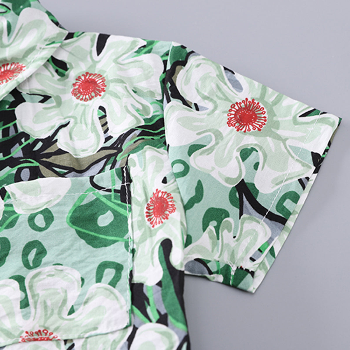 Boys Green Floral Printed Shirt With Neck Tie And Shorts Set Sets