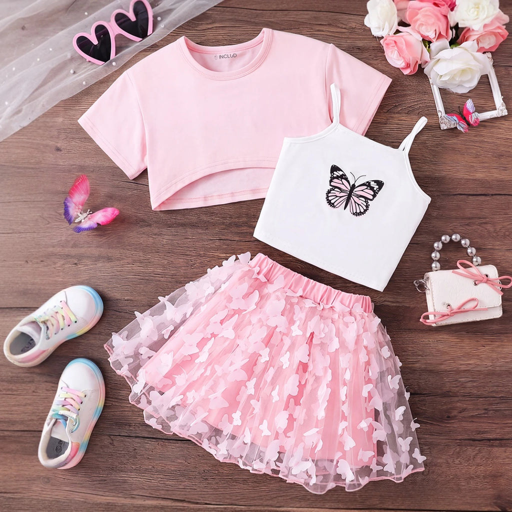 Girls Pink Short Sleeve Shrug With Cami Top & Butterfly Applique Skirt Sets 3 pc. Sets Pink 3-4 Y