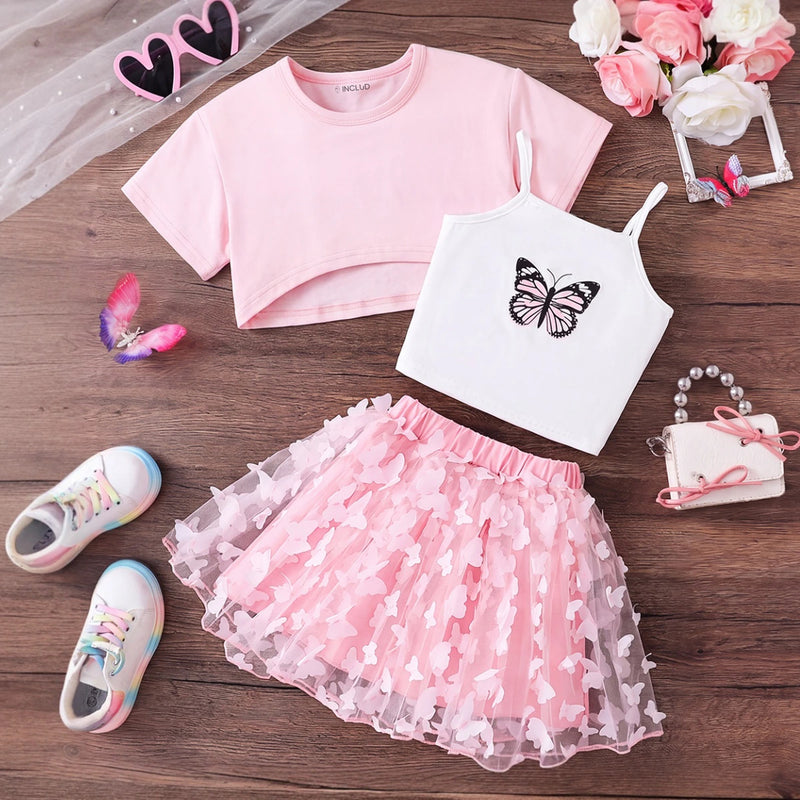 Girls Pink Short Sleeve Shrug With Cami Top & Butterfly Applique Skirt Sets 3 pc. Sets Pink 3-4 Y