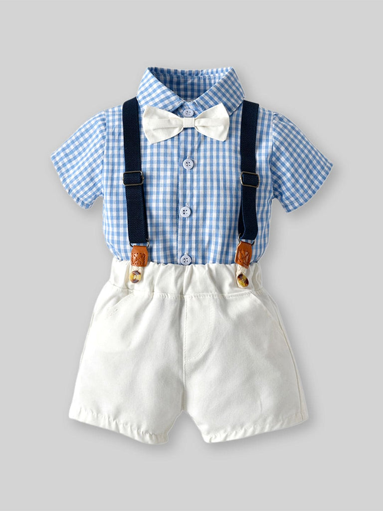 Boys Gingham Check Shirt With Bow & Suspender Shorts Formal Set