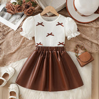 Girls White Bow Applique Puff Sleeve Top Faux Leather Skirt Sets 2 pc. Sets White 2-3 Y