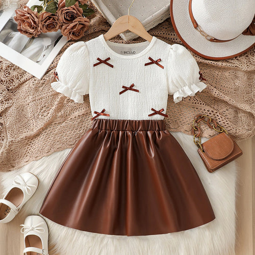 Girls White Bow Applique Puff Sleeve Top Faux Leather Skirt Sets 2 pc. Sets White 2-3 Y