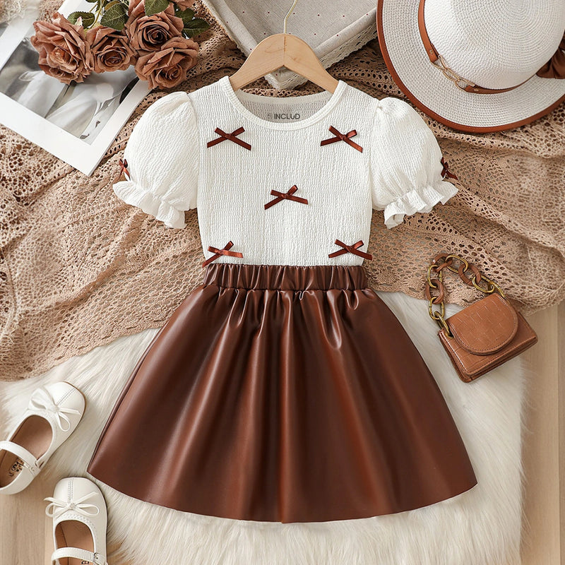 Girls White Bow Applique Puff Sleeve Top Faux Leather Skirt Sets 2 pc. Sets White 2-3 Y