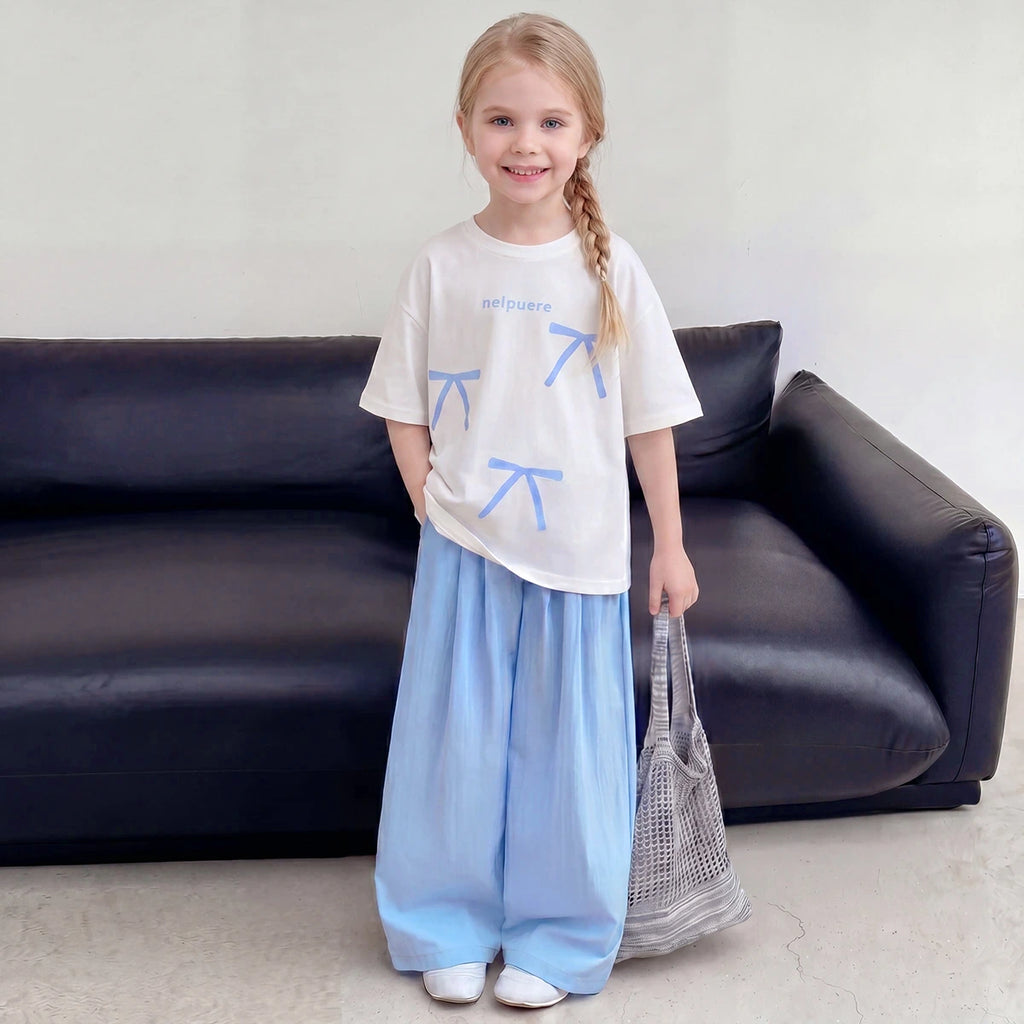 Girls Blue Short Sleeve Bow Print T-Shirt With Pants Sets 2 pc. Sets Blue 3-4 Y