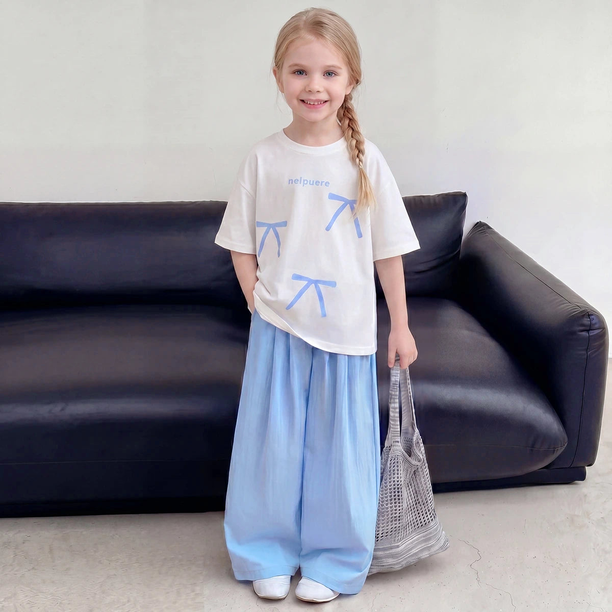 Girls Blue Short Sleeve Bow Print T-Shirt With Pants Sets 2 pc. Sets Blue 3-4 Y