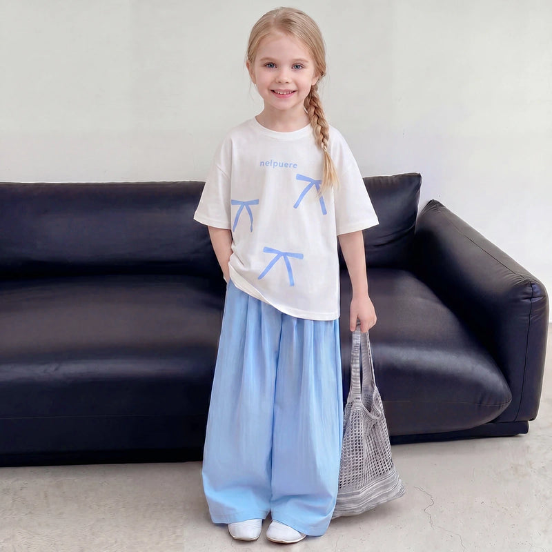 Girls Blue Short Sleeve Bow Print T-Shirt With Pants Sets 2 pc. Sets Blue 3-4 Y