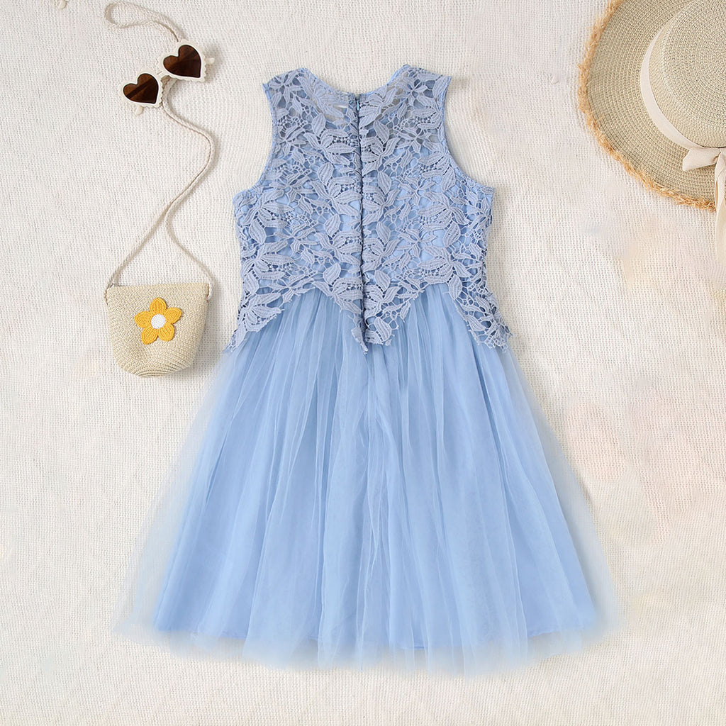 Girls Light Blue Sleeveless Round Necked Casual Dress Casual Dresses