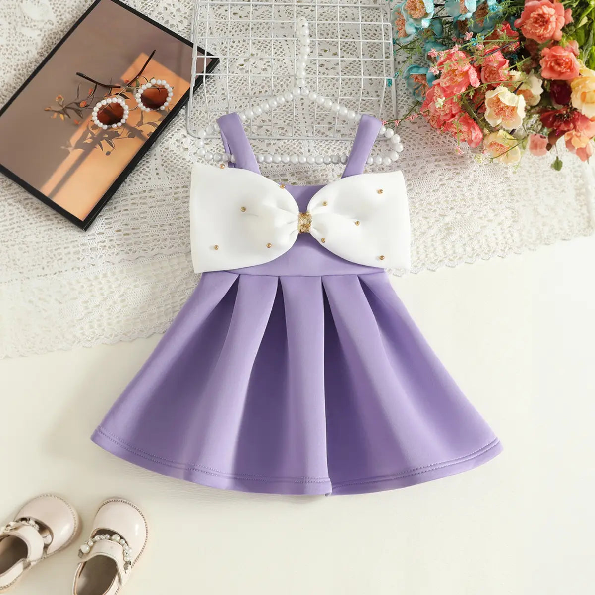 Girls Purple Sleeveless Fit & Flare Party Wear Dress With Embellished Bow Applique Party Dresses Purple 12-18 M