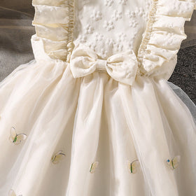 Girls Cream Butterfly Applique Flutter Sleeve Fit & Flare Party Dress Party Dresses