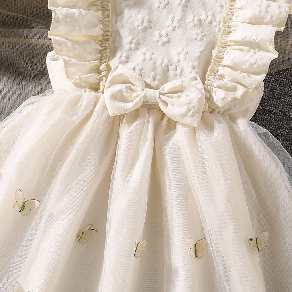 Girls Cream Butterfly Applique Flutter Sleeve Fit & Flare Party Dress Party Dresses