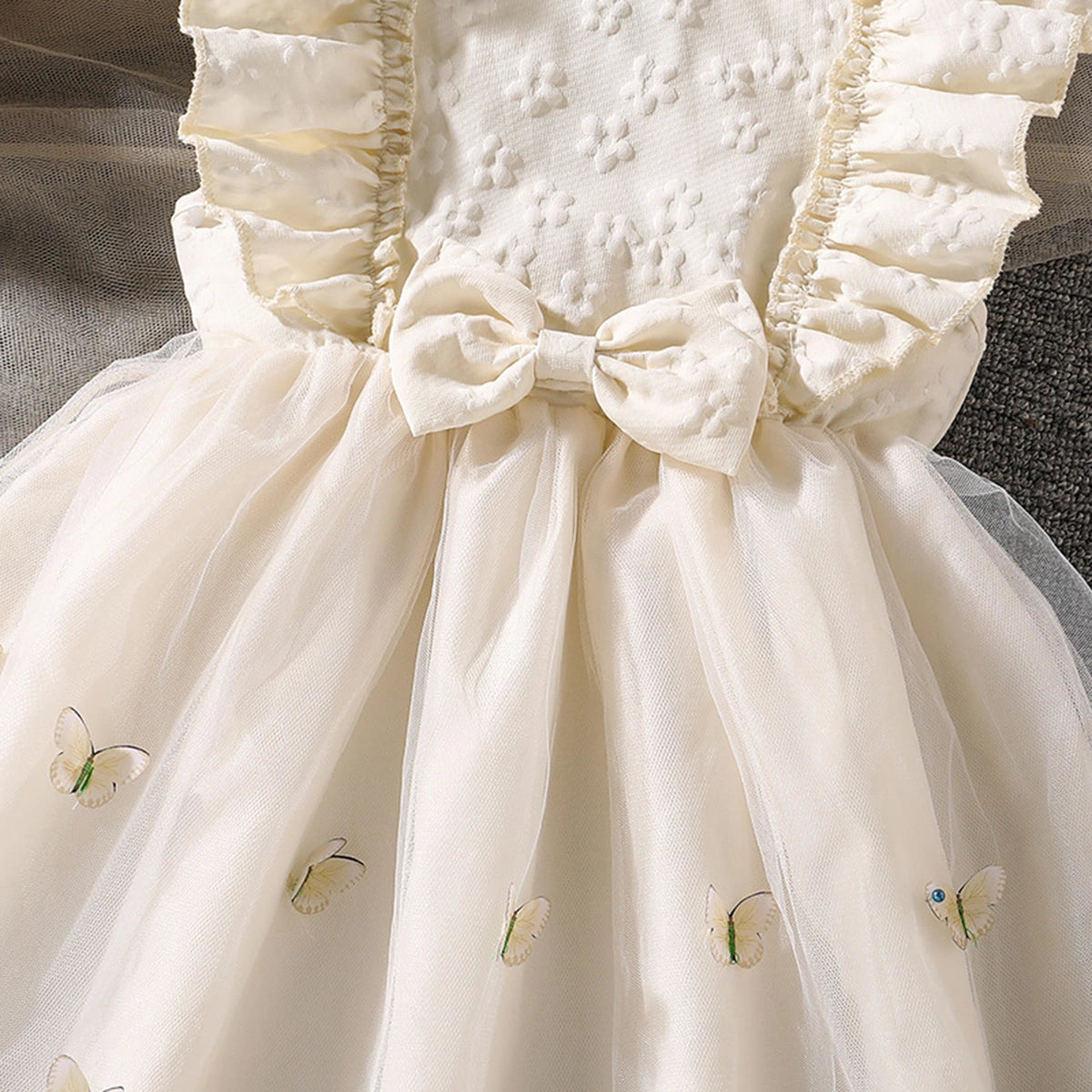 Girls Cream Butterfly Applique Flutter Sleeve Fit & Flare Party Dress Party Dresses