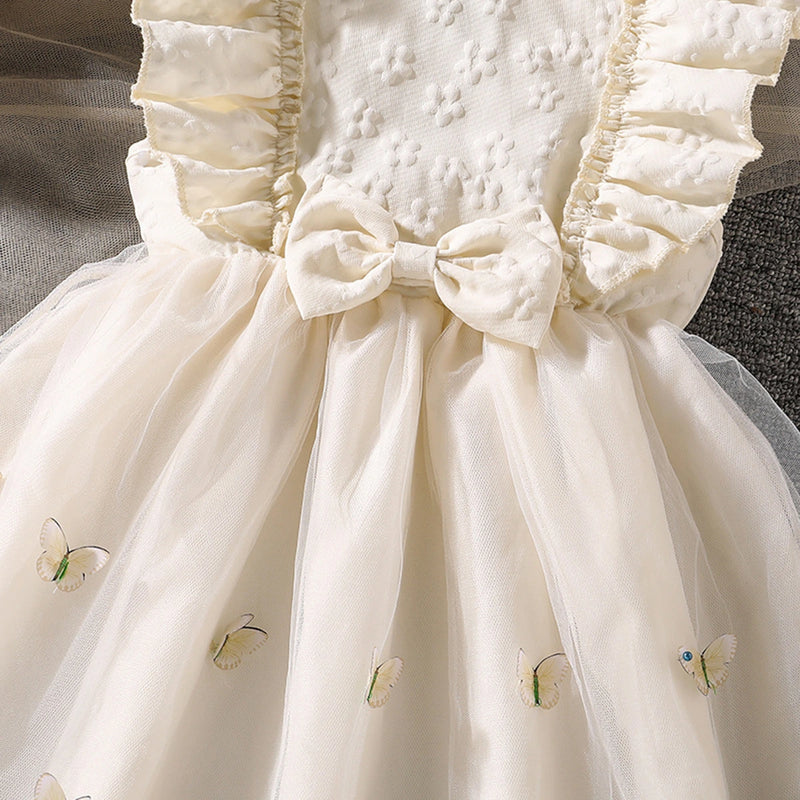 Girls Cream Butterfly Applique Flutter Sleeve Fit & Flare Party Dress Party Dresses