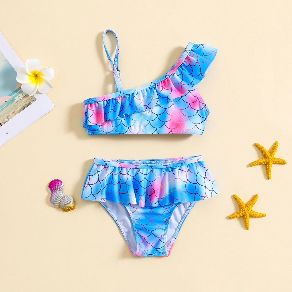 Girls Blue Abstract Printed One Shoulder top With Briefs Swimwear Sets Sets Blue 1-2 Y