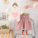 Girls Heart Printed Short Sleeves T-Shirt With Flared Pink Shorts Set