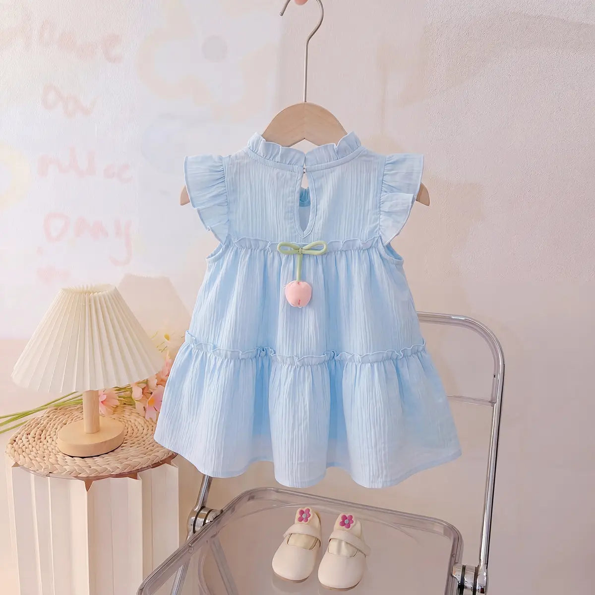 Girls Sky Blue Sleeveless Bow Accent Tiered Dress Casual Dresses