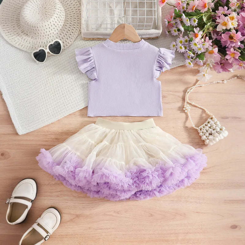 Girls Purple Pearl-Embellished Top With Tiered Tulle Tutu Skirt Sets Sets