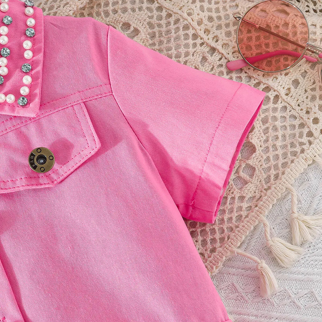 Girls Pink Self-Design Crop Length Top With Skirt Sets 2 pc. Sets