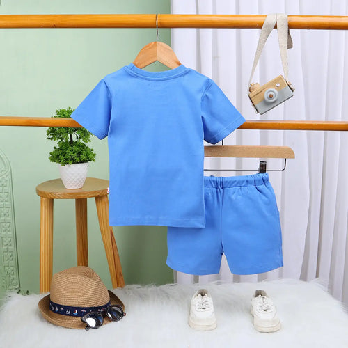 Boys Blue Graphic Short Sleeves T-Shirt With Drawstring Shorts Sets Sets