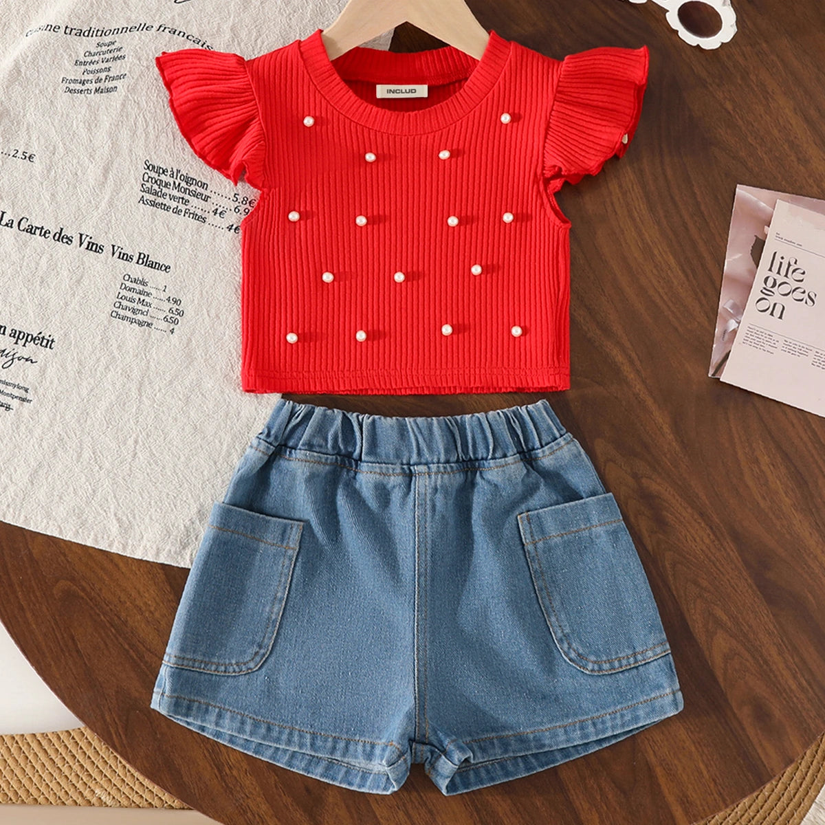 Girls Red Pearl Embellished Top With Denim Shorts Set Sets