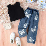 Girls Crop Top With Printed Elasticated Denims Set