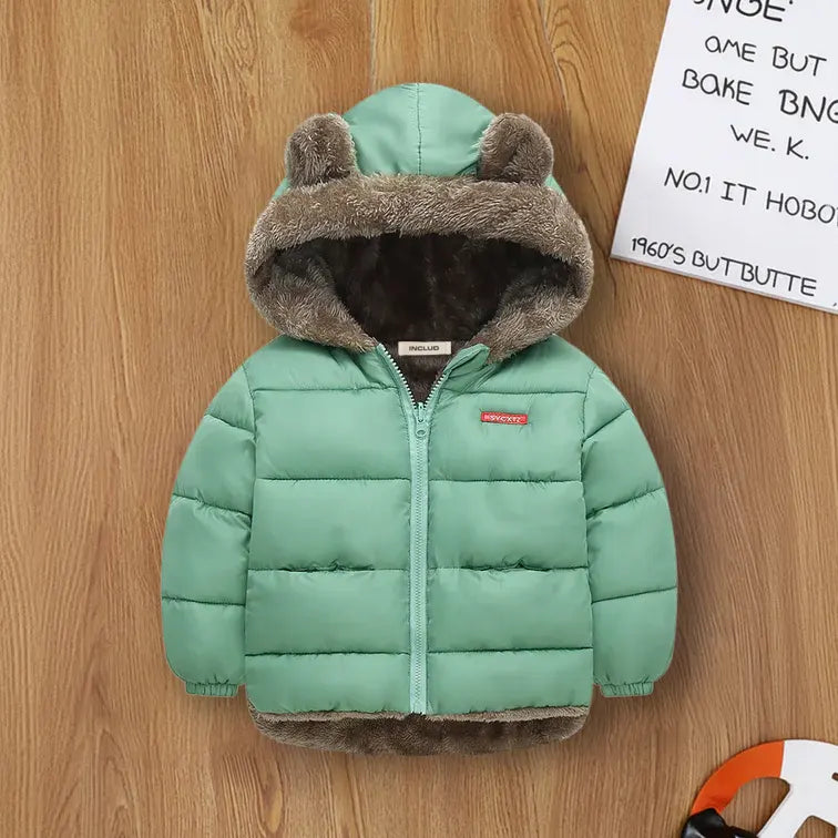 Boys Green Zip-up Puffer Jacket With Bear Ear On Hood Coats & Jackets Green 1-2 Y