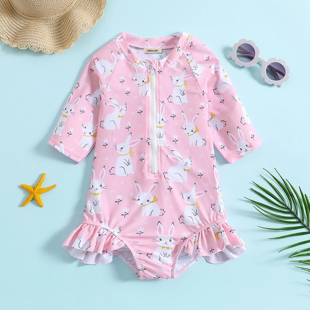 Girls Pink Rabbit Printed Half Zipper Swimwear Bodysuit Beachwear Pink 1-2 Y