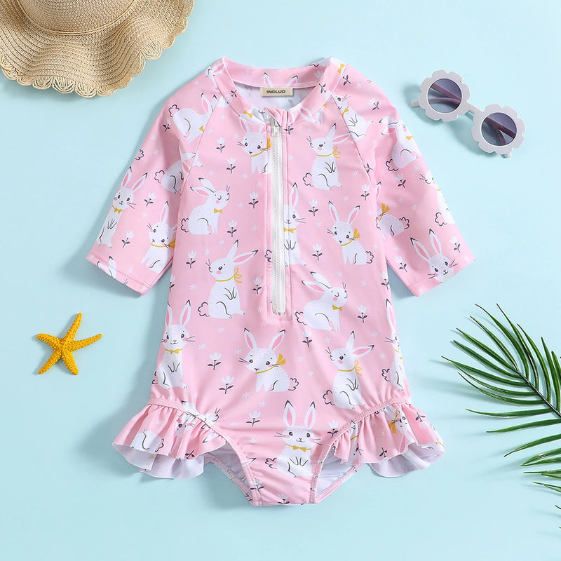 Girls Pink Rabbit Printed Half Zipper Swimwear Bodysuit Beachwear Pink 1-2 Y