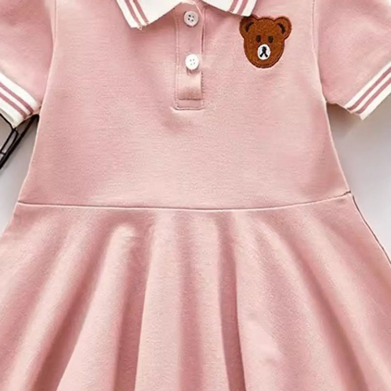 Girls Light Pink Bear Applique Pleated Fit & Flare Polo Dress Casual Dresses