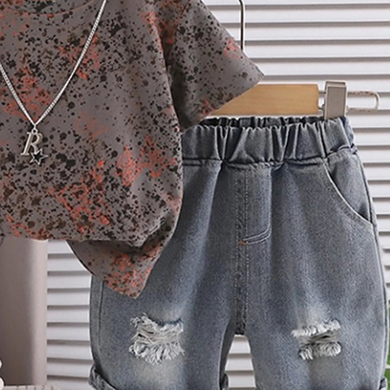 Boys Brown Abstract Printed Short Sleeve T-Shirt With Distressed Denim Shorts Sets 2 pc. Sets