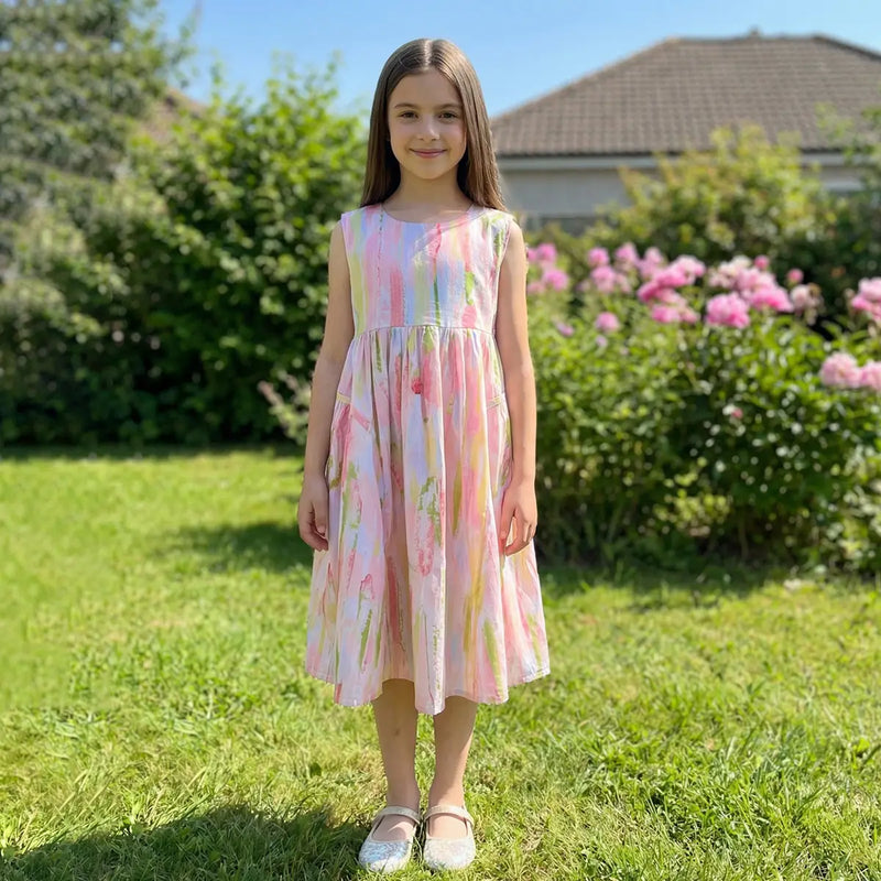 Girls Pink Abstract Print Sleeveless Fit & Flare Dress Casual Dresses Pink 5-6 Y
