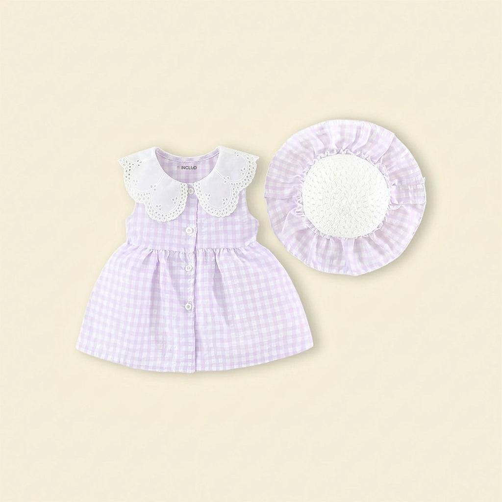 Girls Purple Checked Eyelet Peter Pan Collar Dress With Hat Casual Dresses