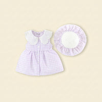 Girls Purple Checked Eyelet Peter Pan Collar Dress With Hat Casual Dresses