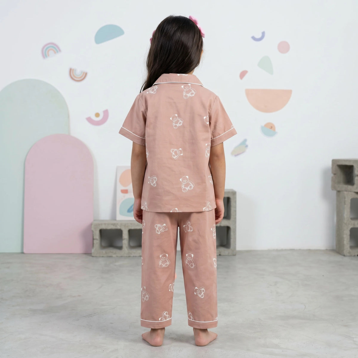 Girls Light Brown Teddy Bear Printed Short Sleeve Shirt With Elasticated Pyjama Sets Sets