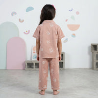 Girls Light Brown Teddy Bear Printed Short Sleeve Shirt With Elasticated Pyjama Sets Sets