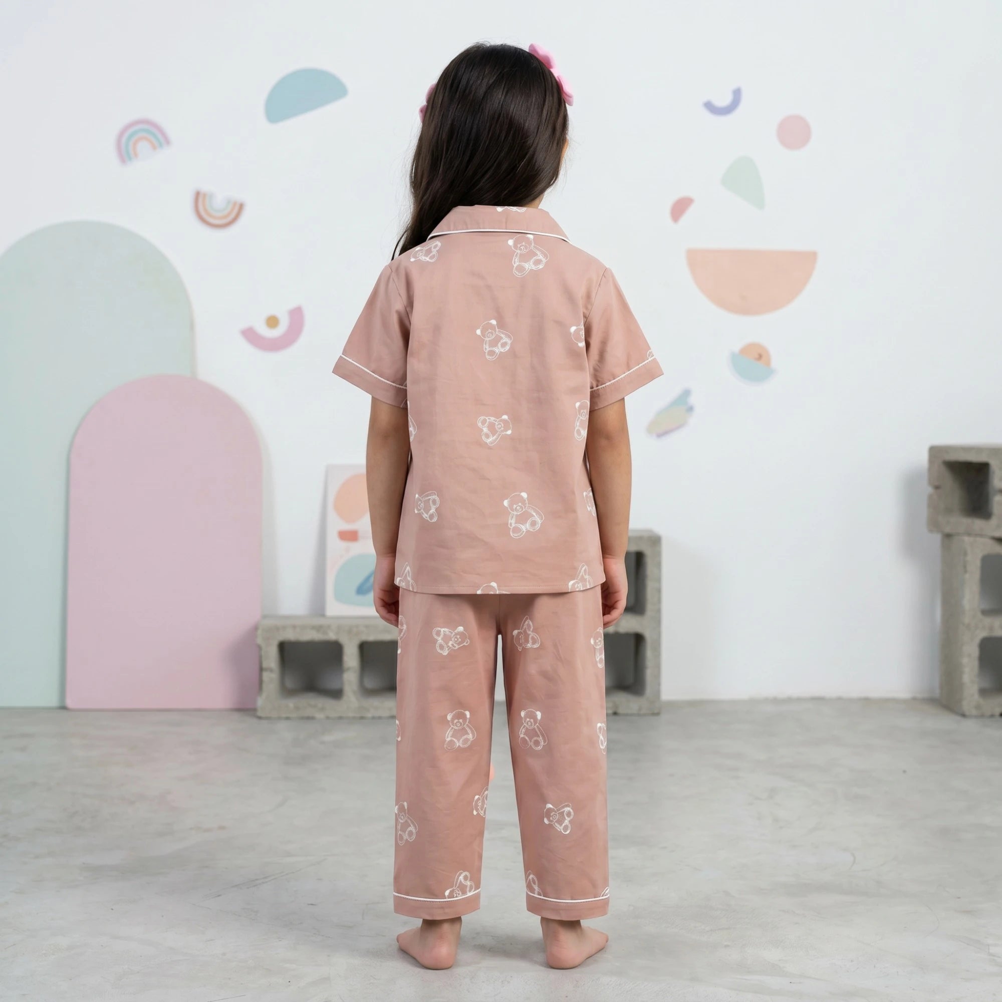 Girls Light Brown Teddy Bear Printed Short Sleeve Shirt With Elasticated Pyjama Sets Sets