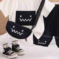 Boys Printed Appliqued T-Shirt With Black Sling Bag And Shorts Set Sets