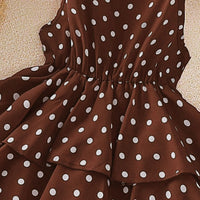 Girls Brown Polka Dot Print Sleeveless Layered Dress Casual Dresses